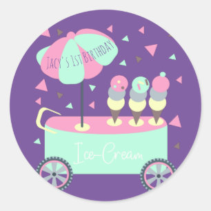 Sticker Rond Confettis Stand de Glace Anniversaire Violet