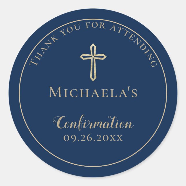 Sticker Rond Confirmation de croix d'or bleu simple (Devant)