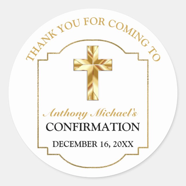 Sticker Rond Confirmation Elegant White Gold Cross Boys (Devant)