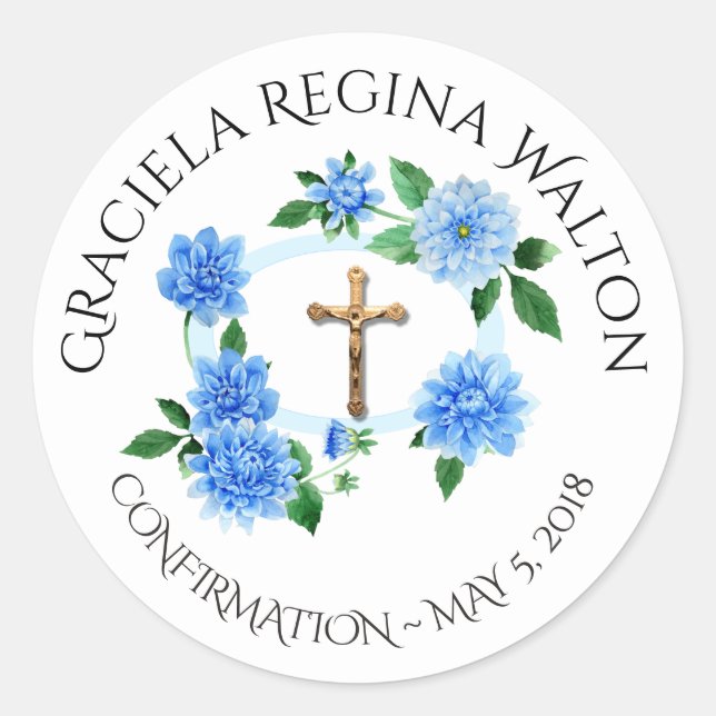 Sticker Rond Confirmation Floral Blue Dahlias Crucifix (Devant)