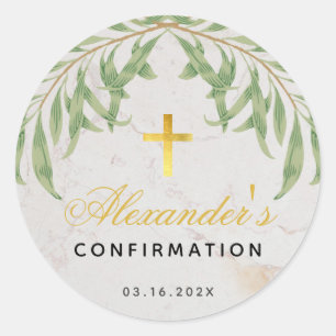 Sticker Rond Confirmation Foliage Marbre Script Faux Gold Cross