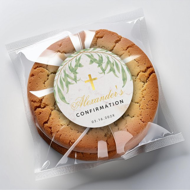 Sticker Rond Confirmation Foliage Marbre Script Faux Gold Cross (Créateur téléchargé)