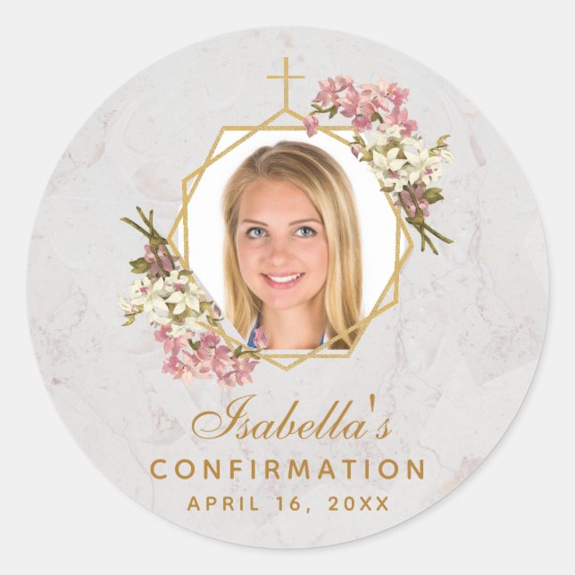 Sticker Rond Confirmation Girl Photo Orchidées roses Marbre d'o (Devant)