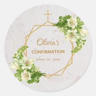 Sticker Rond Confirmation Lys Blancs Marbre Croix Dorée Florale