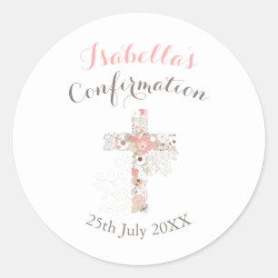 Sticker Rond Confirmation nom croisé floral blanc