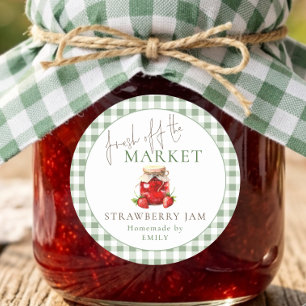 Sticker Rond Confiture de fraise de mariage Gingham Sage Market