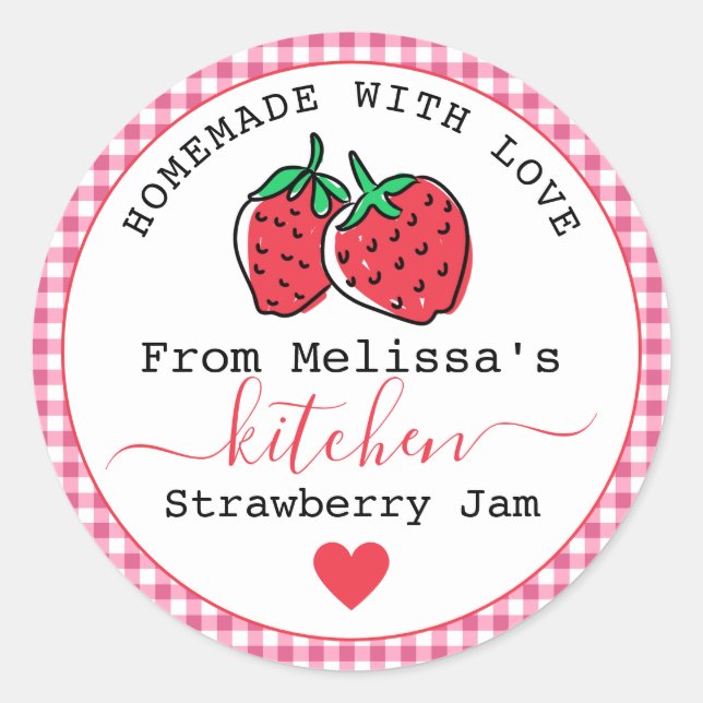 Sticker Rond Confiture de fraises maison En vichy rose rustique (Devant)