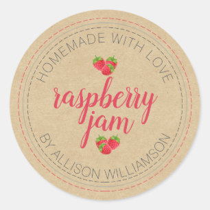Sticker Rond Confiture de framboise maison rustique peut pot en