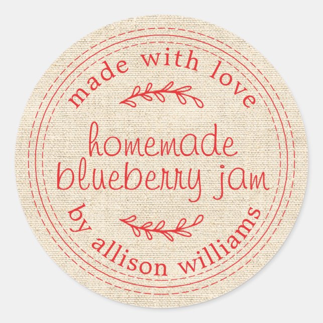 Sticker Rond Confiture Maison Rustique Etiquette Rouge Lin (Devant)