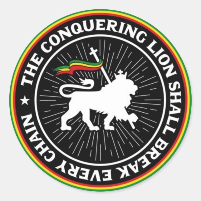 Sticker Rond Conquering Lion Shall Break Every Chain Rasta (Devant)