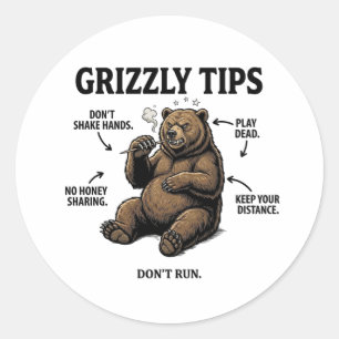 Sticker Rond Conseils drôles pour survivre aux ours grizzlis Hu
