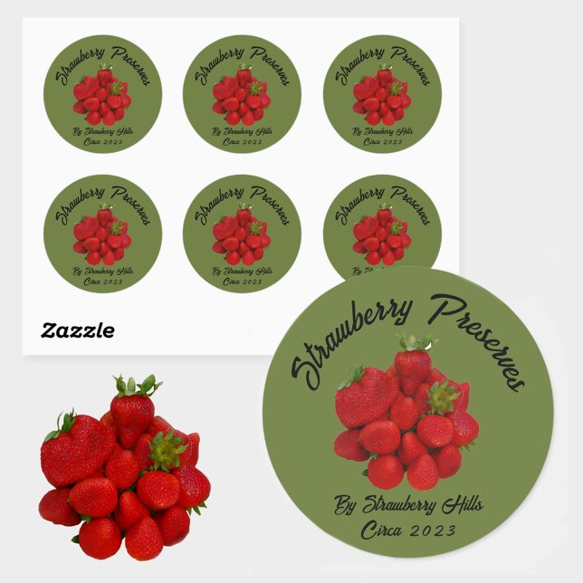 Sticker Rond Conserve de Fraise Photographique Vert Étiquetage (Créateur téléchargé)