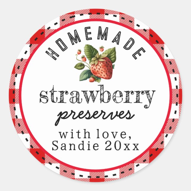 Sticker Rond Conserves de fraises fait maison plaid rouge de Bu (Devant)