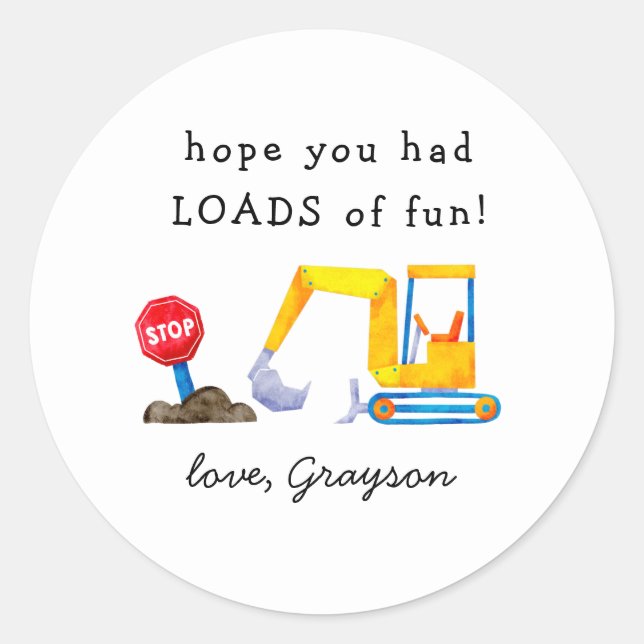 Sticker Rond Construction CHARGES de plaisir garçon anniversair (Devant)