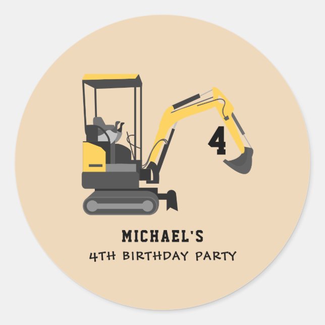 Sticker Rond Construction d'excavateur 4e anniversaire Personna (Devant)