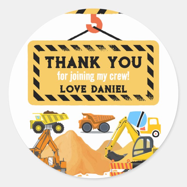 Sticker Rond Construction personnalisée Anniversaire Thème Merc (Devant)