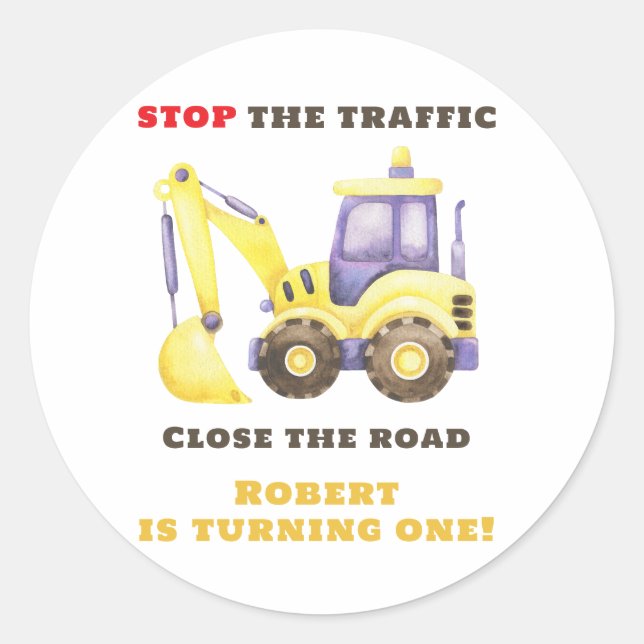 Sticker Rond Construction Truck Excavateur fête d'anniversaire (Devant)