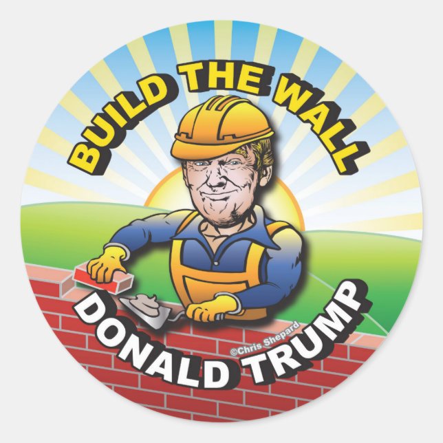 STICKER ROND CONSTRUIRE LE MUR DONALD TRUMP BRICK LAYER MASON U (Devant)