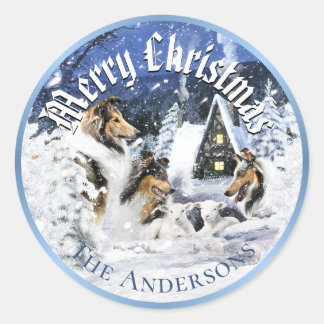 Sticker Rond Conte de fées hivernal de Noël, Colleys et agneaux