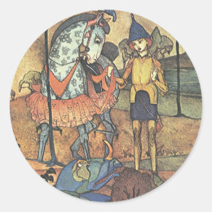 Sticker Rond Conte de fées vintage, un brave chevalier et drago