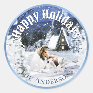 Sticker Rond Contes de fées d'hiver, Collie Sable et Agneaux -