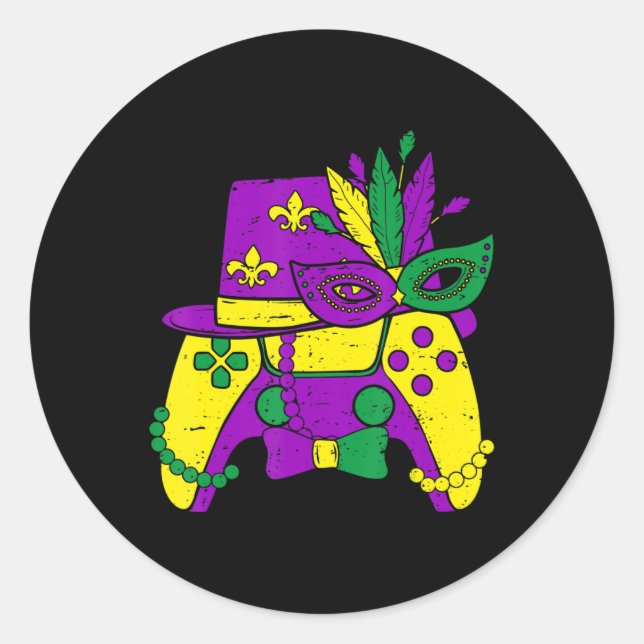 Sticker Rond Contrôleur de jeu vidéo Mardi Gras Jester Casquett (Devant)