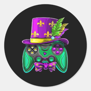 Sticker Rond Contrôleur de jeu vidéo Mardi Gras Jester Casquett