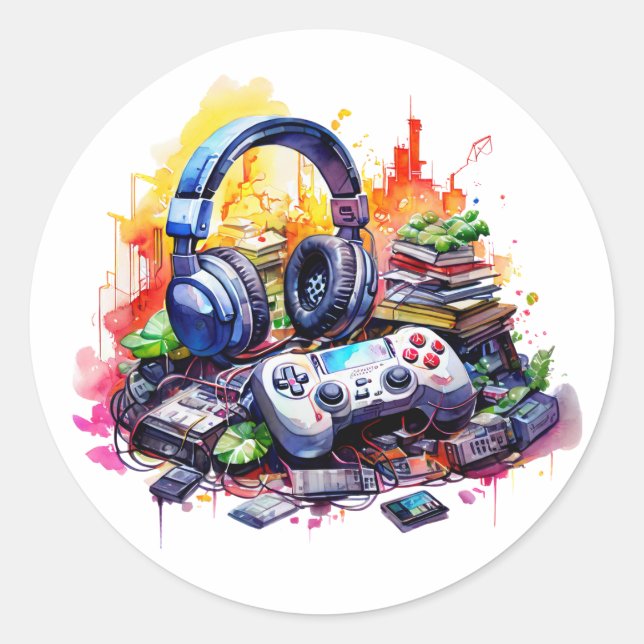 Sticker Rond Contrôleur vidéo, casques, Ado de livres (Devant)