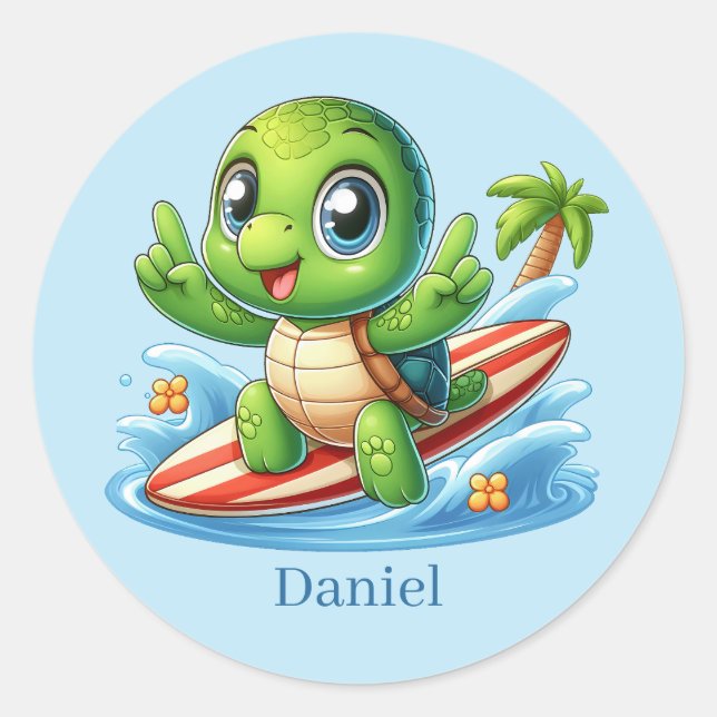 Sticker Rond Cool ajouter nom surf tortue de mer (Devant)
