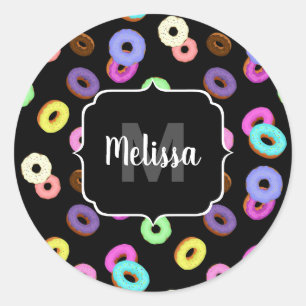 Sticker Rond Cool amusant beignets colorés motif noir Monogramm