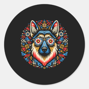 Sticker Rond Cool berger allemand chien folk style d'art Noël