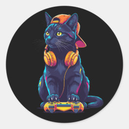 Sticker Rond Cool Black Cat Gamer Halloween Design Éffrayant