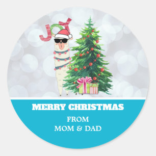 Sticker Rond Cool Llama sur Silver Bokeh & Icy Blue Christmas