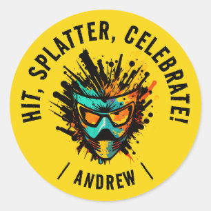 Sticker Rond Cool Moderne Jaune Paintball fête d'anniversaire