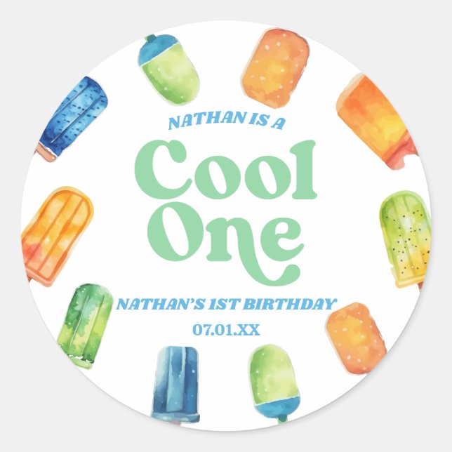 Sticker Rond Cool One Blue Retro Popsicle 1er anniversaire fête (Devant)