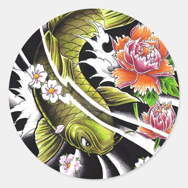 Sticker Rond Cool oriental japonais encre de chance koi poisson (Devant)