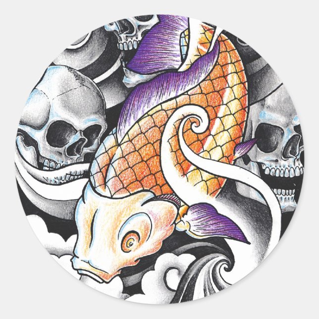 Sticker Rond Cool Oriental Koi Carp tatouage crâne (Devant)