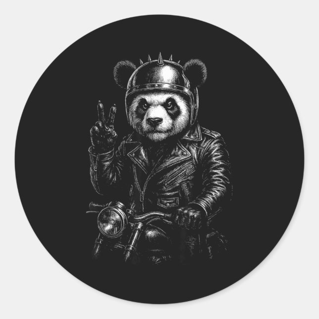 Sticker Rond Cool Panda Punk Peace Sign Motorcycle  (Devant)