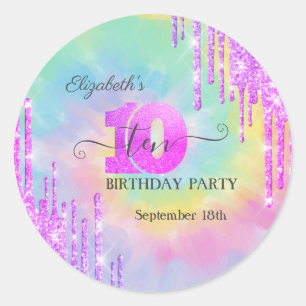 Sticker Rond Cool Parties scintillant gouttes Tie Dye 10e anniv
