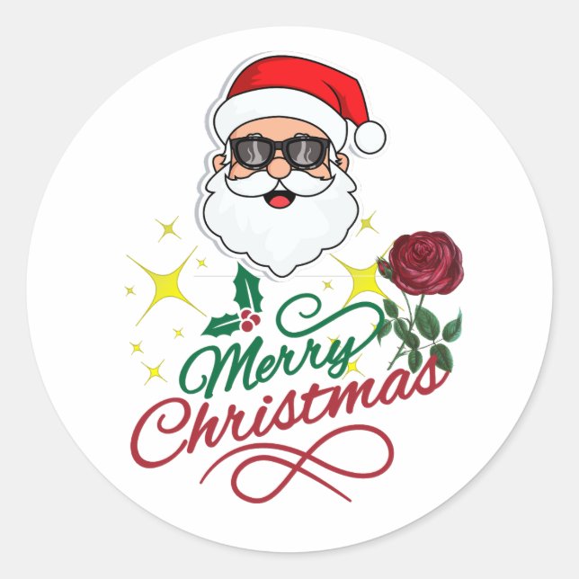 Sticker Rond Cool Père Noël Joyeux Noël avec Rose & Holly (Devant)