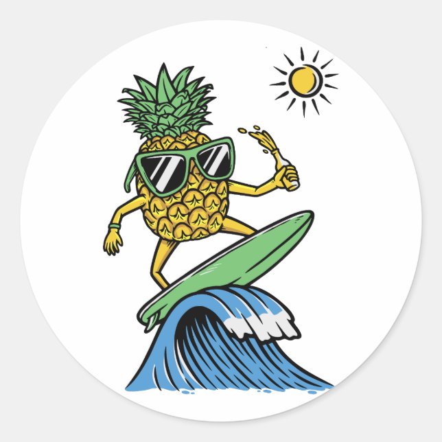 Sticker Rond Cool Pineapple surf sur la plage Sea Vibrant (Devant)