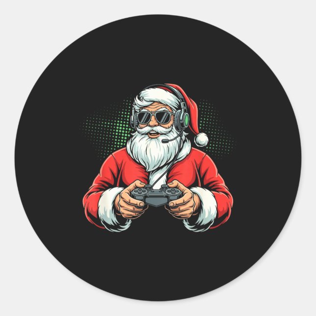 Sticker Rond Cool Santa Playing Video Games Christmas Gamer Boy (Devant)