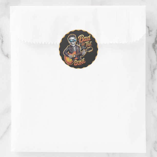 Sticker Rond Cool Skeleton Bad to the Bone avec guitare (Sac)