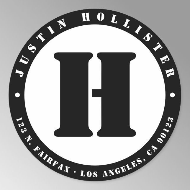 Sticker Rond Cool Stencil Monogram B&W Adresse de retour (Créateur téléchargé)