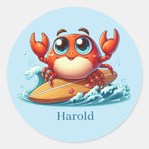 Sticker Rond Cool surf crabe ajouter nom