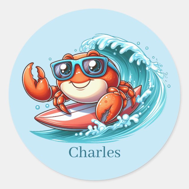Sticker Rond Cool surf crabe ajouter nom (Devant)