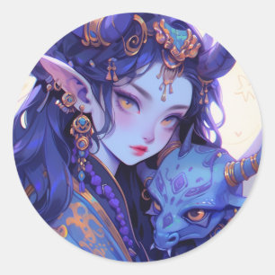 Sticker Rond Cool violet et or cornée elfe Anime fille