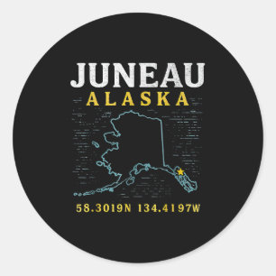 Sticker Rond Coordonnées Carte Juneau Alaska, Voyage
