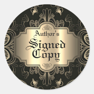 Sticker Rond Copie Signée Abstrait Floral Noir Et Or