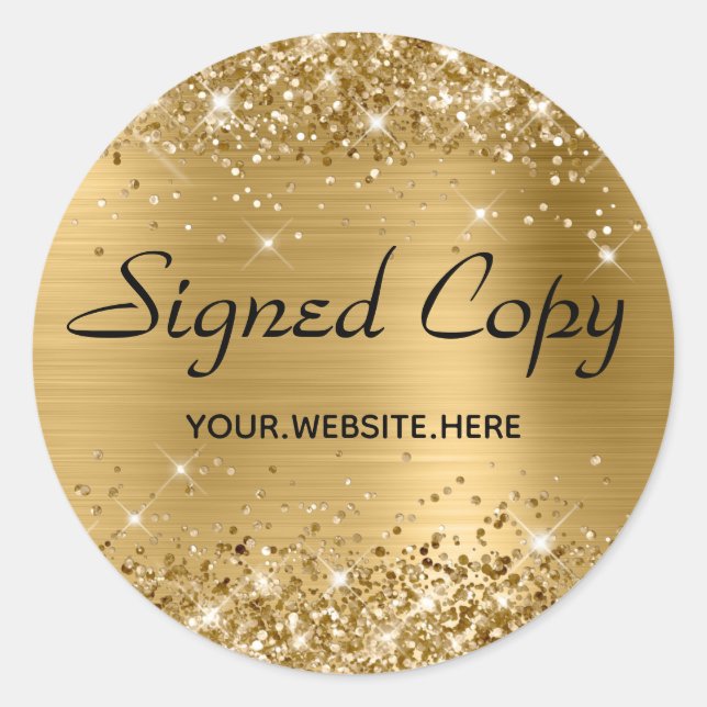 Sticker Rond Copie signée Glittery Faux Gold Foil avec URL (Devant)